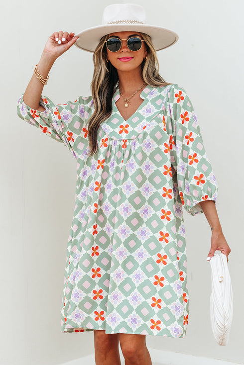 Bohemian Geometric Floral Patchwork Notched Neck Mini Dress