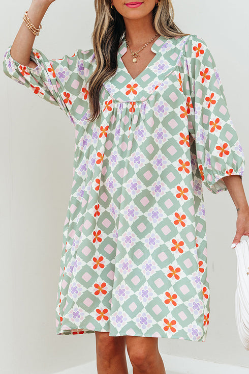 Bohemian Geometric Floral Patchwork Notched Neck Mini Dress