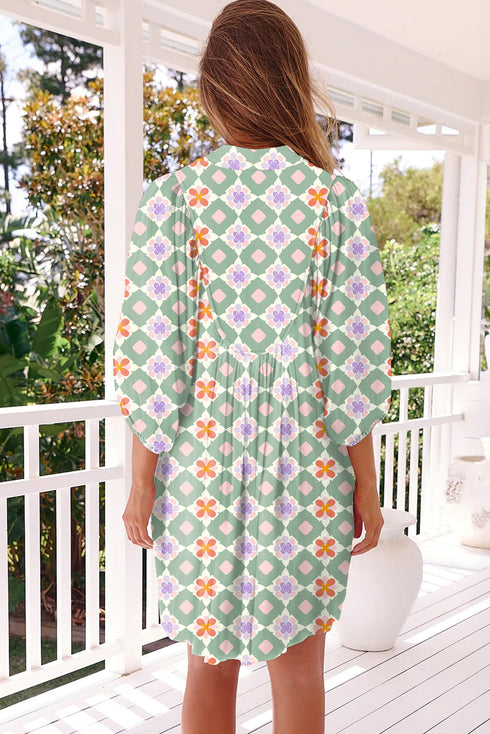 Bohemian Geometric Floral Patchwork Notched Neck Mini Dress