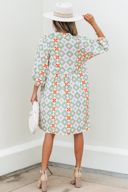 Bohemian Geometric Floral Patchwork Notched Neck Mini Dress
