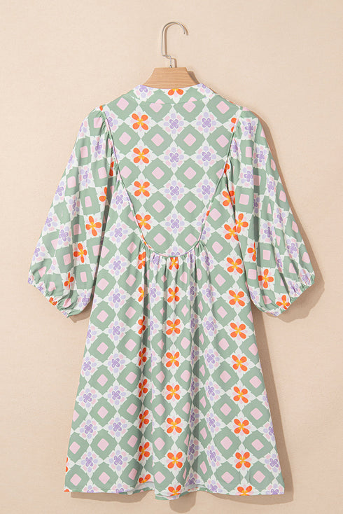 Bohemian Geometric Floral Patchwork Notched Neck Mini Dress