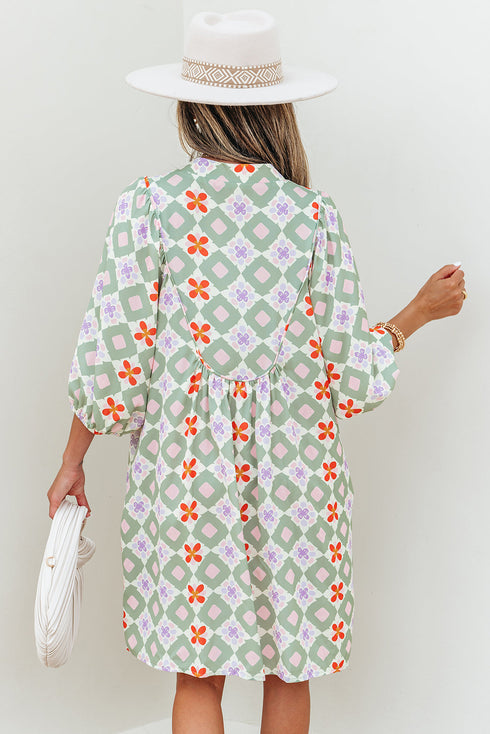 Bohemian Geometric Floral Patchwork Notched Neck Mini Dress