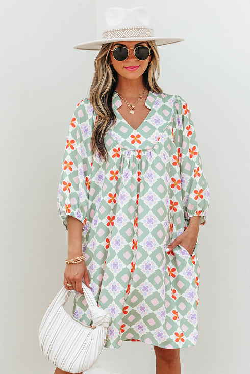 Bohemian Geometric Floral Patchwork Notched Neck Mini Dress