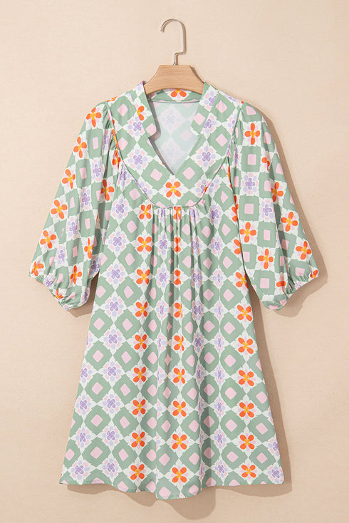 Bohemian Geometric Floral Patchwork Notched Neck Mini Dress