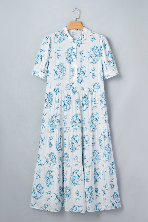 Bohemian Geometric Floral Print Button Split Neck Maxi Dress