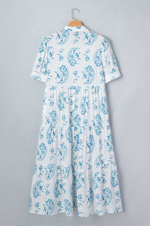 Bohemian Geometric Floral Print Button Split Neck Maxi Dress