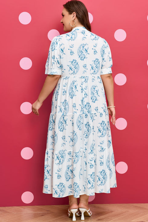 Bohemian Geometric Floral Print Button Split Neck Maxi Dress