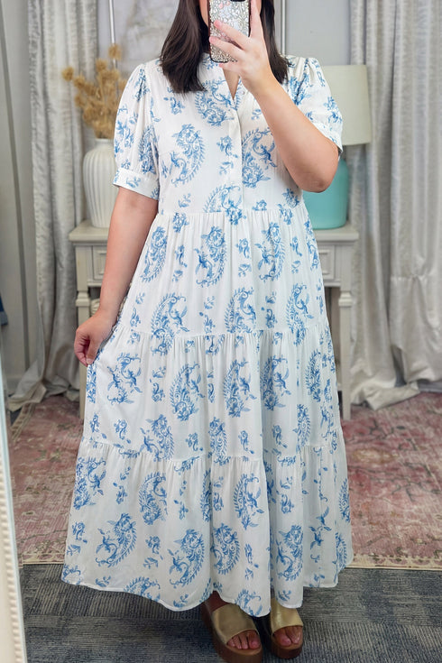 Bohemian Geometric Floral Print Button Split Neck Maxi Dress
