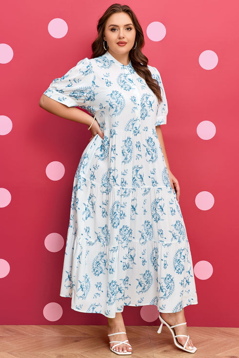 Bohemian Geometric Floral Print Button Split Neck Maxi Dress