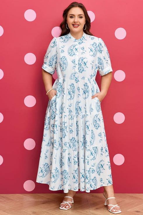 Bohemian Geometric Floral Print Button Split Neck Maxi Dress