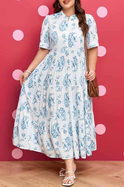 Bohemian Geometric Floral Print Button Split Neck Maxi Dress
