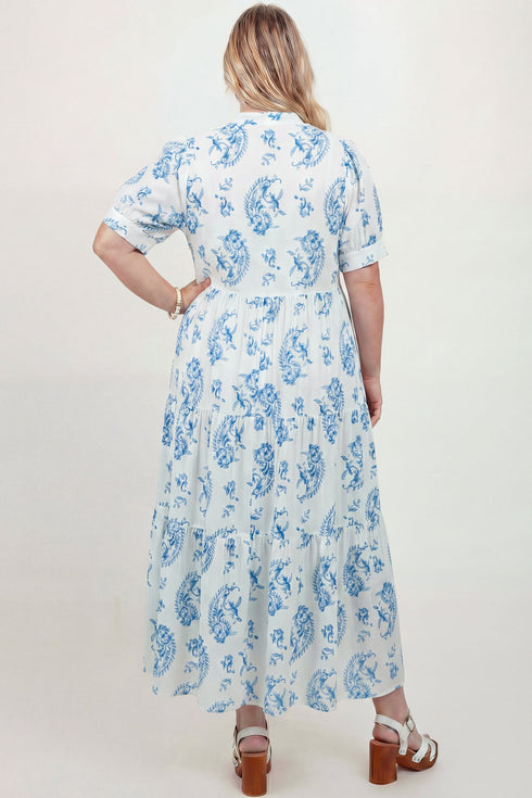 Bohemian Geometric Floral Print Button Split Neck Maxi Dress