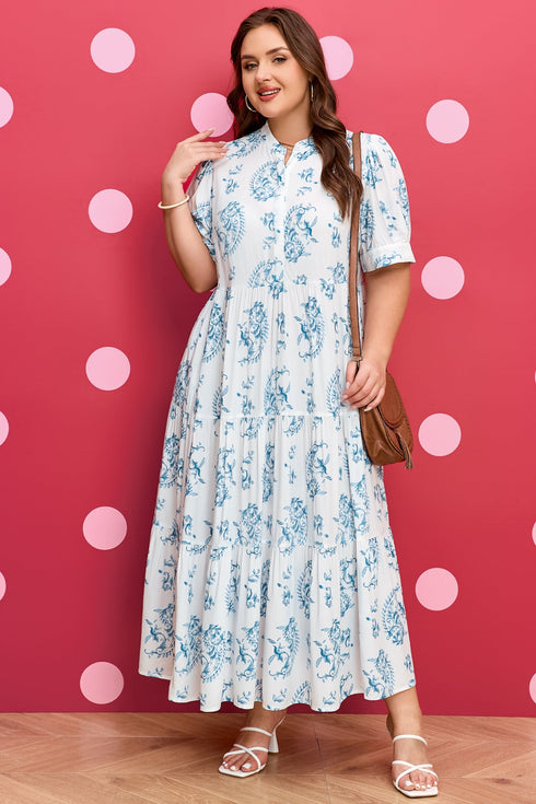 Bohemian Geometric Floral Print Button Split Neck Maxi Dress