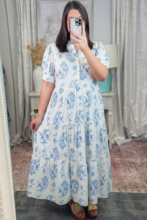 Bohemian Geometric Floral Print Button Split Neck Maxi Dress