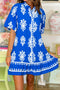 Bohemian Geometric Print Collared Button Front Puff Sleeve Mini Dress