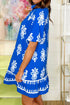 Bohemian Geometric Print Collared Button Front Puff Sleeve Mini Dress