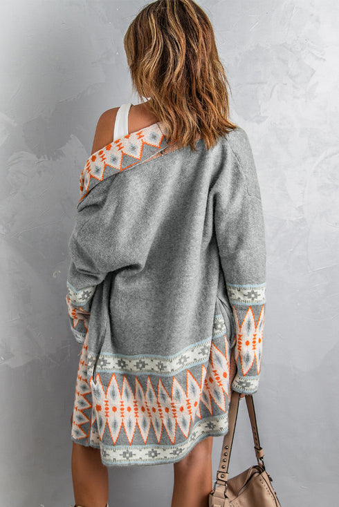 Bohemian Geometric Print Shawl Collar Open Front Cardigan