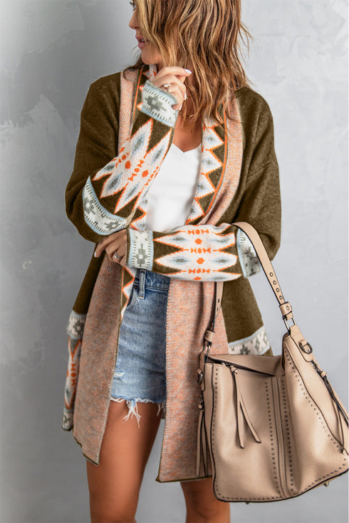 Bohemian Geometric Print Shawl Collar Open Front Cardigan