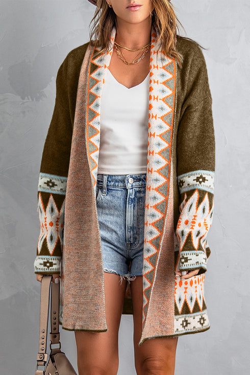 Bohemian Geometric Print Shawl Collar Open Front Cardigan