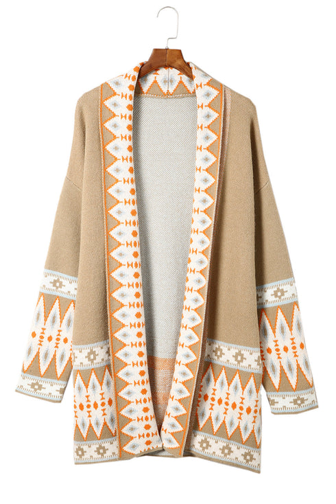 Bohemian Geometric Print Shawl Collar Open Front Cardigan