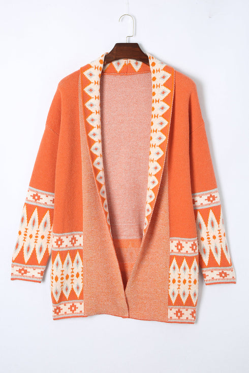 Bohemian Geometric Print Shawl Collar Open Front Cardigan