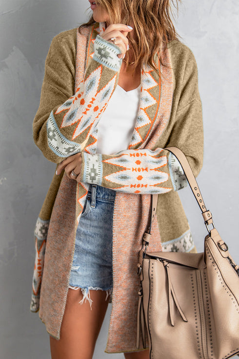 Bohemian Geometric Print Shawl Collar Open Front Cardigan