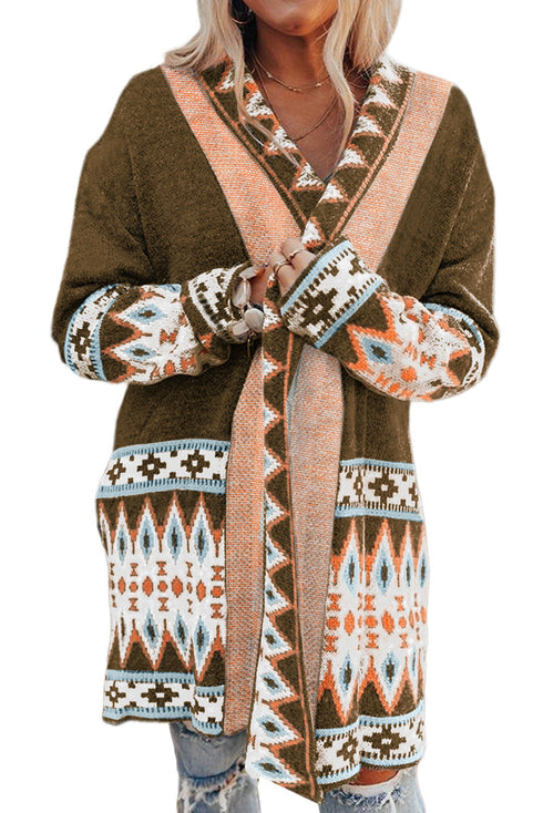 Bohemian Geometric Print Shawl Collar Open Front Cardigan