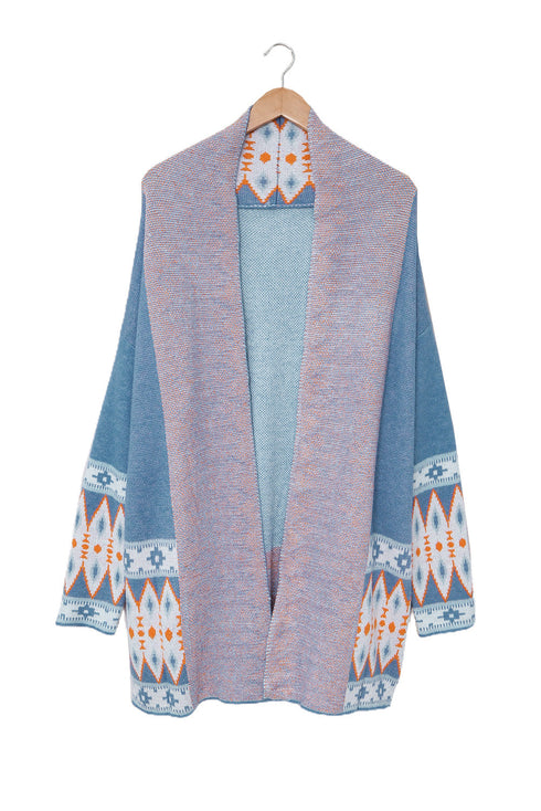Bohemian Geometric Print Shawl Collar Open Front Cardigan