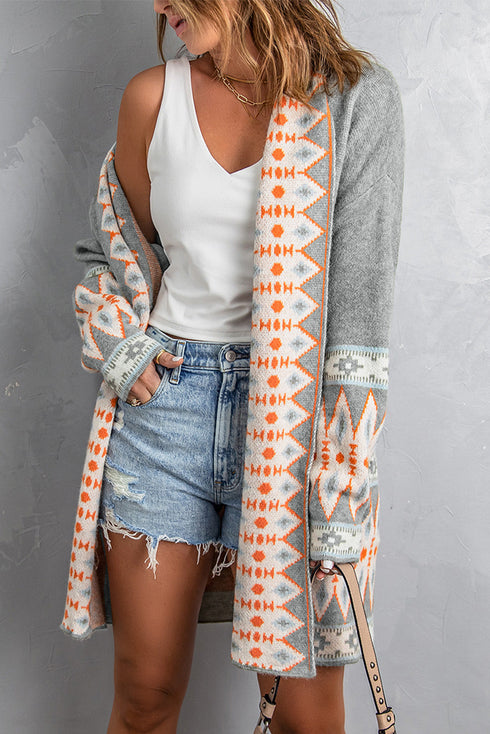 Bohemian Geometric Print Shawl Collar Open Front Cardigan