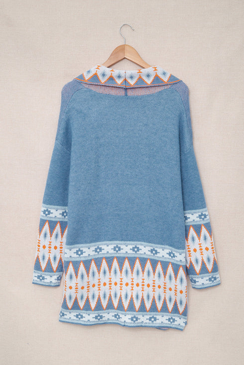 Bohemian Geometric Print Shawl Collar Open Front Cardigan