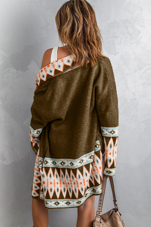 Bohemian Geometric Print Shawl Collar Open Front Cardigan