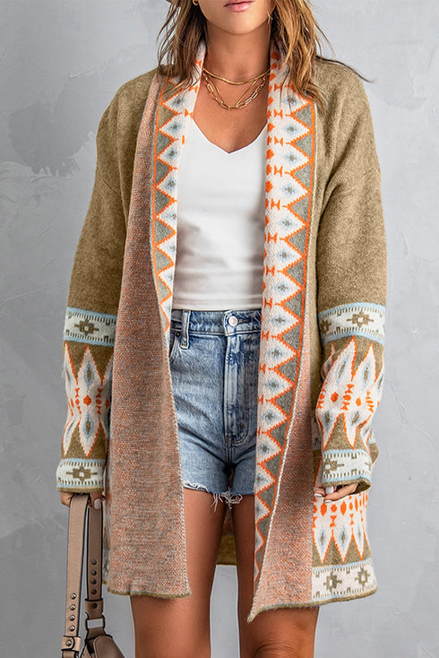 Bohemian Geometric Print Shawl Collar Open Front Cardigan