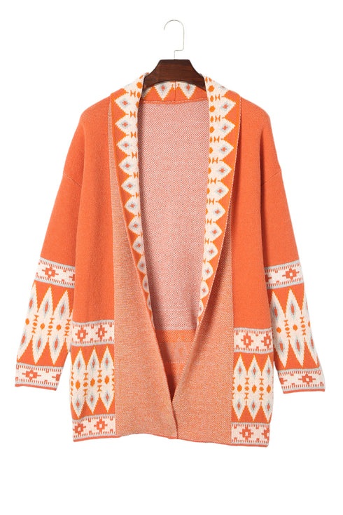 Bohemian Geometric Print Shawl Collar Open Front Cardigan