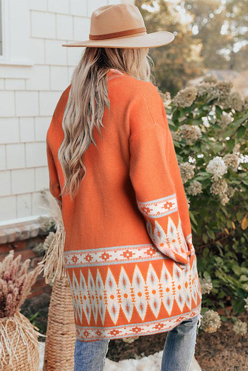 Bohemian Geometric Print Shawl Collar Open Front Cardigan