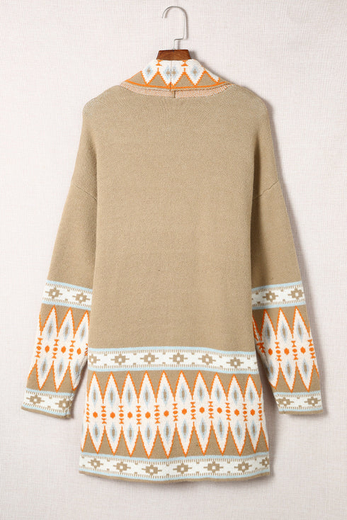 Bohemian Geometric Print Shawl Collar Open Front Cardigan