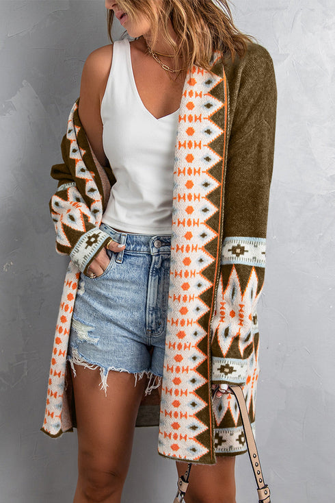 Bohemian Geometric Print Shawl Collar Open Front Cardigan