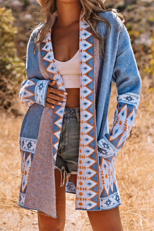 Bohemian Geometric Print Shawl Collar Open Front Cardigan