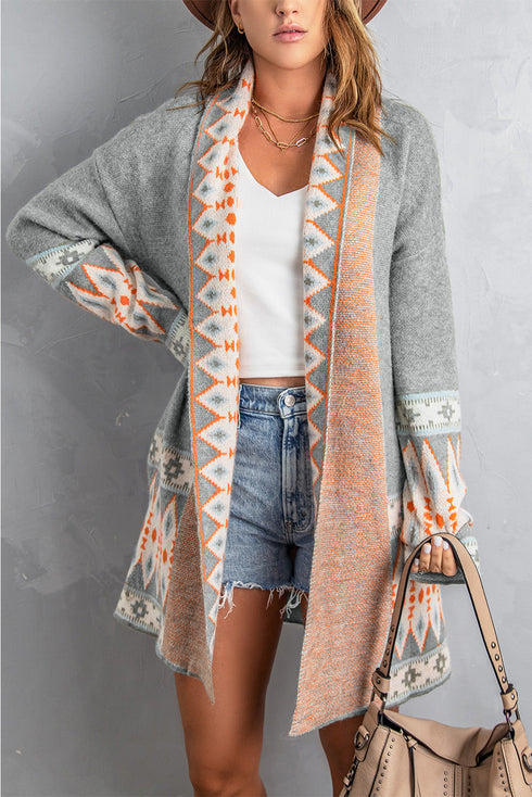 Bohemian Geometric Print Shawl Collar Open Front Cardigan