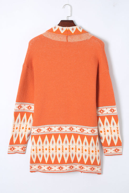 Bohemian Geometric Print Shawl Collar Open Front Cardigan