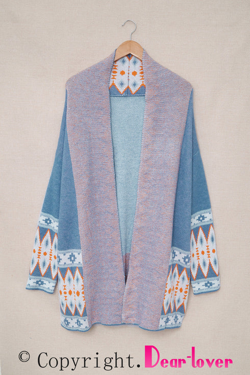 Bohemian Geometric Print Shawl Collar Open Front Cardigan