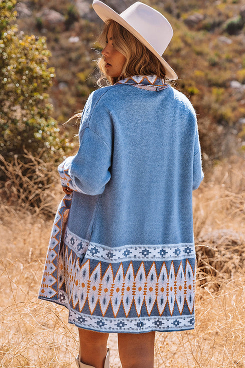 Bohemian Geometric Print Shawl Collar Open Front Cardigan