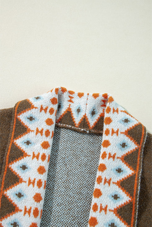 Bohemian Geometric Print Shawl Collar Open Front Cardigan