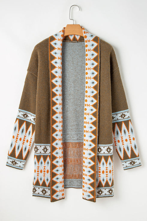 Bohemian Geometric Print Shawl Collar Open Front Cardigan
