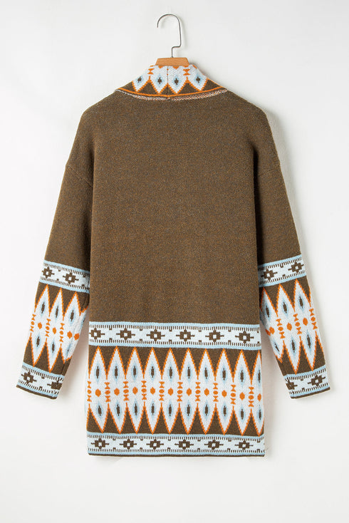 Bohemian Geometric Print Shawl Collar Open Front Cardigan