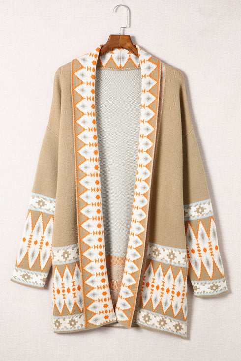 Bohemian Geometric Print Shawl Collar Open Front Cardigan