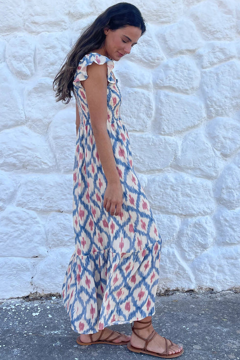 Bohemian Geometric Print Smocked Ruffle Sleeve Maxi Dress