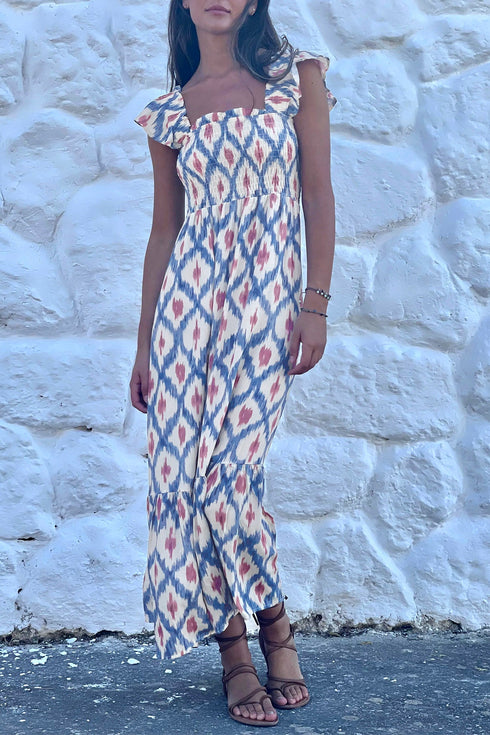 Bohemian Geometric Print Smocked Ruffle Sleeve Maxi Dress