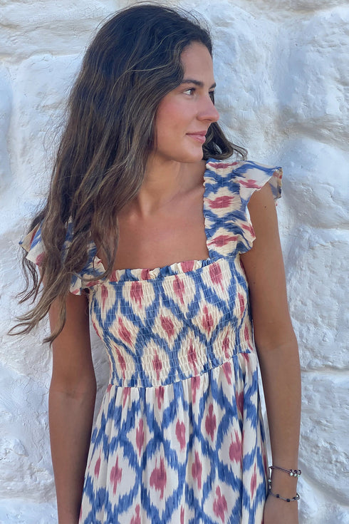 Bohemian Geometric Print Smocked Ruffle Sleeve Maxi Dress