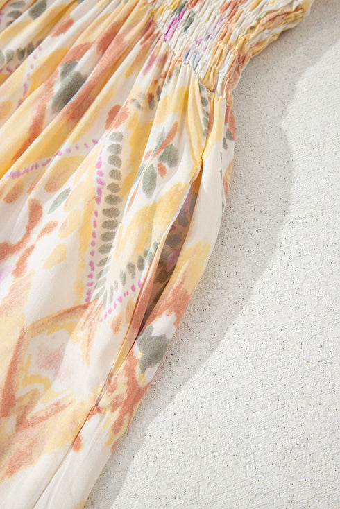 Bohemian Geometric Print Surplice V Neck Smocked Waist Maxi Dress