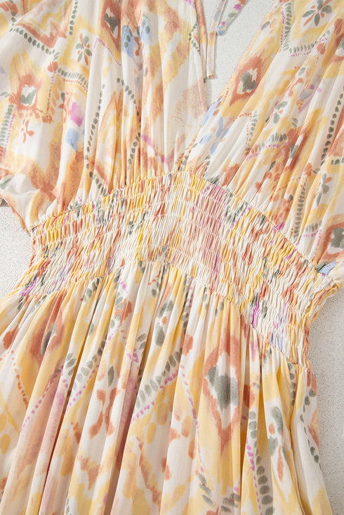 Bohemian Geometric Print Surplice V Neck Smocked Waist Maxi Dress